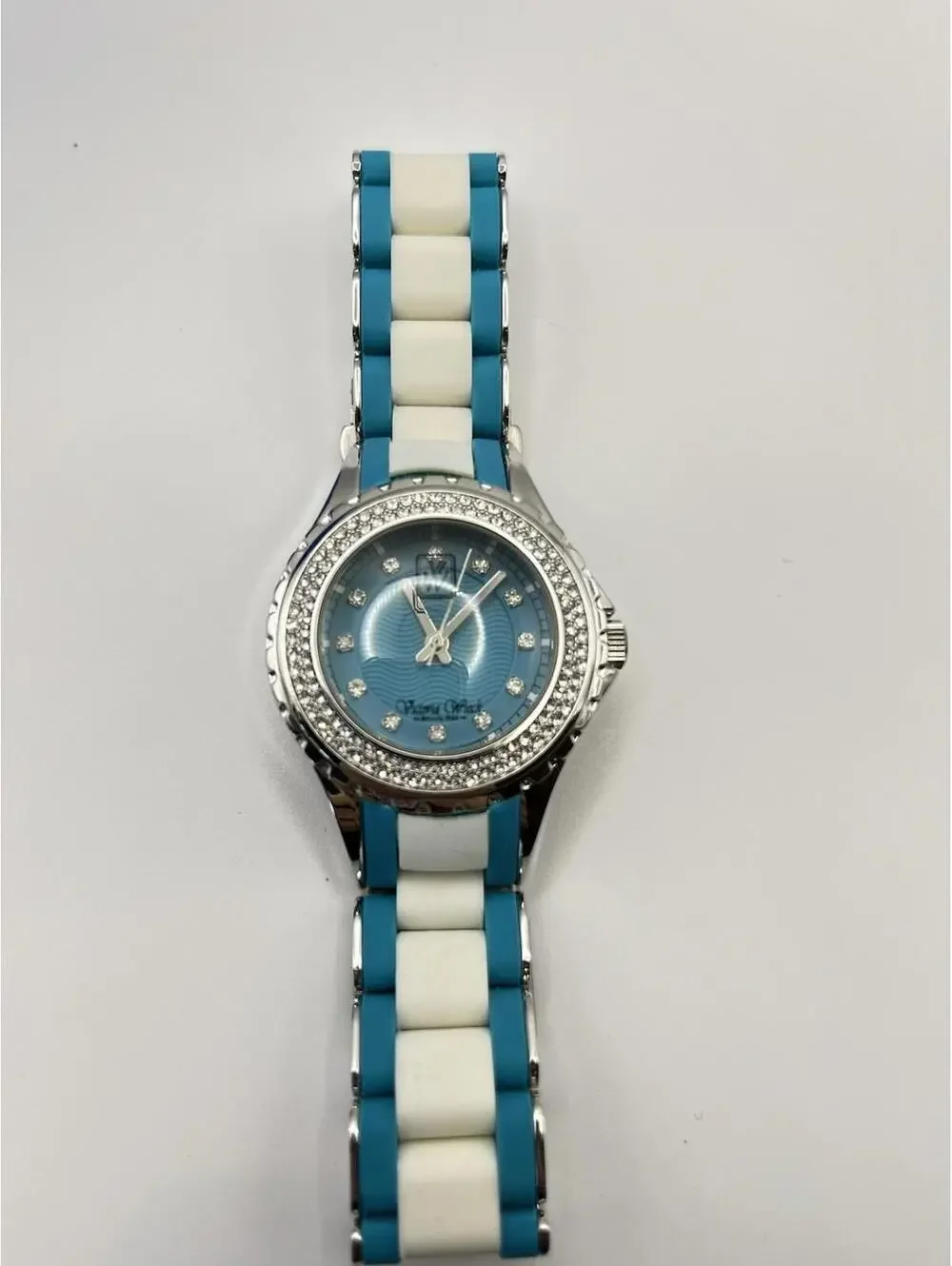 Victoria Wieck Crystal Watch Womens Teal and White Links Works, new battery